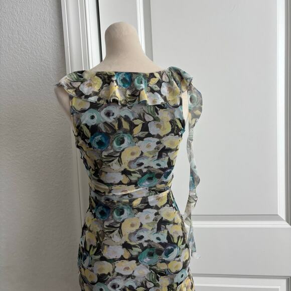 Zara Floral Mesh Ruched Mini Dress V-Neck Ruffle Sleeveless Small Asymmetrical - Picture 4 of 10